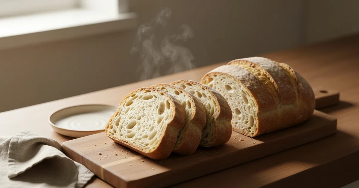 Rebanadas de pan sin gluten recién descongeladas sobre tabla de madera con corteza dorada y miga esponjosa — Caprichos de Lili