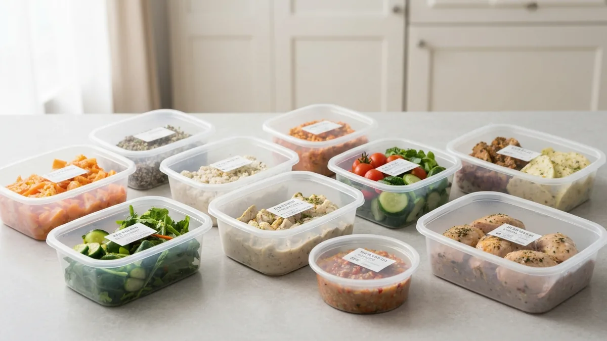 Freezer organizado con comida sin gluten en recipientes herméticos transparentes etiquetados — guía celíaca
