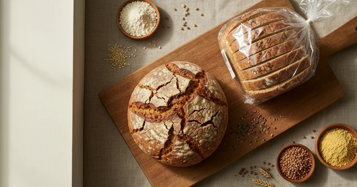 Comparación de pan sin gluten industrial envasado junto a hogaza artesanal de masa madre sobre tabla de madera — Caprichos de Lili