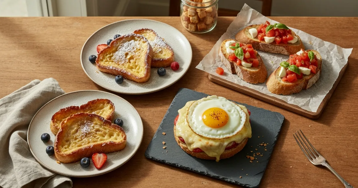 Mesa de desayuno con tostadas francesas doradas, sándwich tipo croque madame con huevo y bruschettas sobre pan sin gluten — Caprichos de Lili
